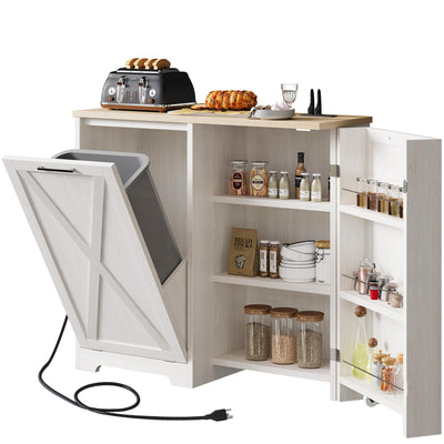 DWVO 13 Gallon Tilt Out Trash Bin Cabinet with Outlet Adjustable Shelves, Kitchen Pantry Storage Cabinet with Garbage Bin Tilt Out Laundry Hamper for Kitchen, 39.4” W x 14” D x 36.8” H Off White