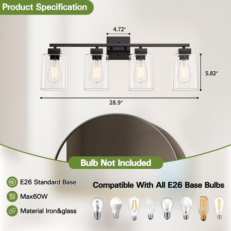 Espird 4 Light Bathroom Vanity Light - Matte Black Bathroom Light Fixtures Square Design & UL Certification, Square Light Fixture Over Mirror, Farmhouse Light Fixtures for Bathroom & Bedroom Espird