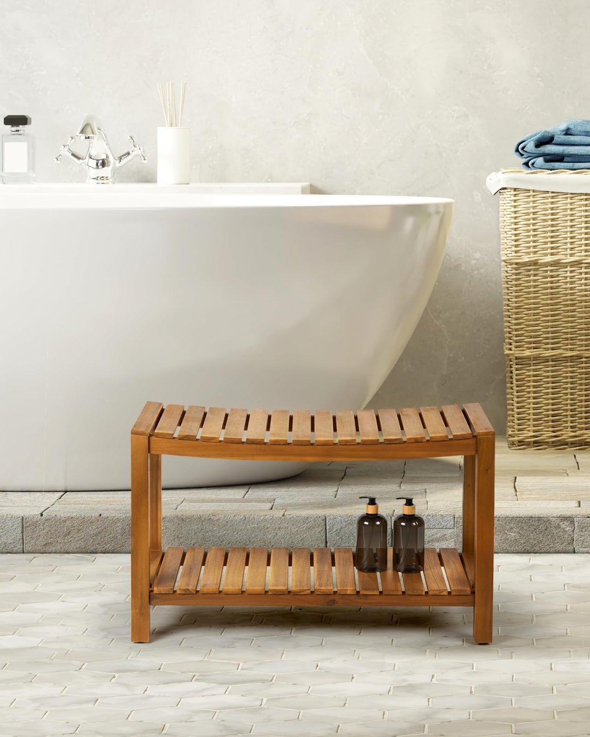 Upolana Teak Shower Bench, 32" Solid Wood Shower Stool for Inside Shower to Sit On, Wooden Bathroom Shower Seat Waterproof Upolana