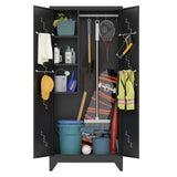 OSEILLC Metal Storage Cabinet with Locking Doors, 75" Tall Garage Storage Cabinet with Hanging Rod, Broom Closet/Freestanding Bathroom Storage Cabinet, Cleaning Tool Storage OSEILLC