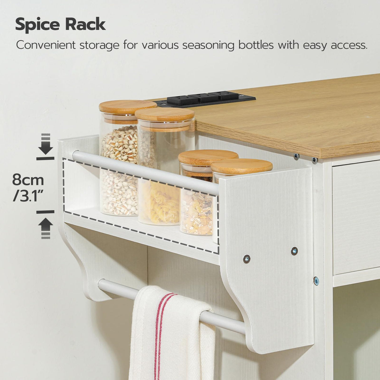 HOOBRO Kitchen Island with Trash Can Storage, Rolling Kitchen Island on Wheels, Kitchen Storage Island with Power Outlet, Mobile Islands Table for 10 Gallon Garbage Bin, White and Natural WN80UZD01 HOOBRO