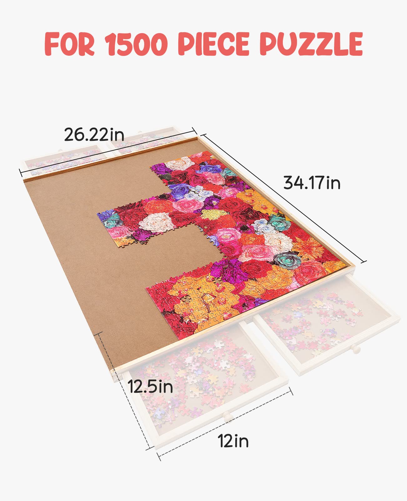 Gamenote 1500 Pieces Jigsaw Puzzle Board with Cover Mat - Portable Large Puzzle Table with Drawers for Adults, Wooden Smooth Plateau Work Surface - WoodArtSupply