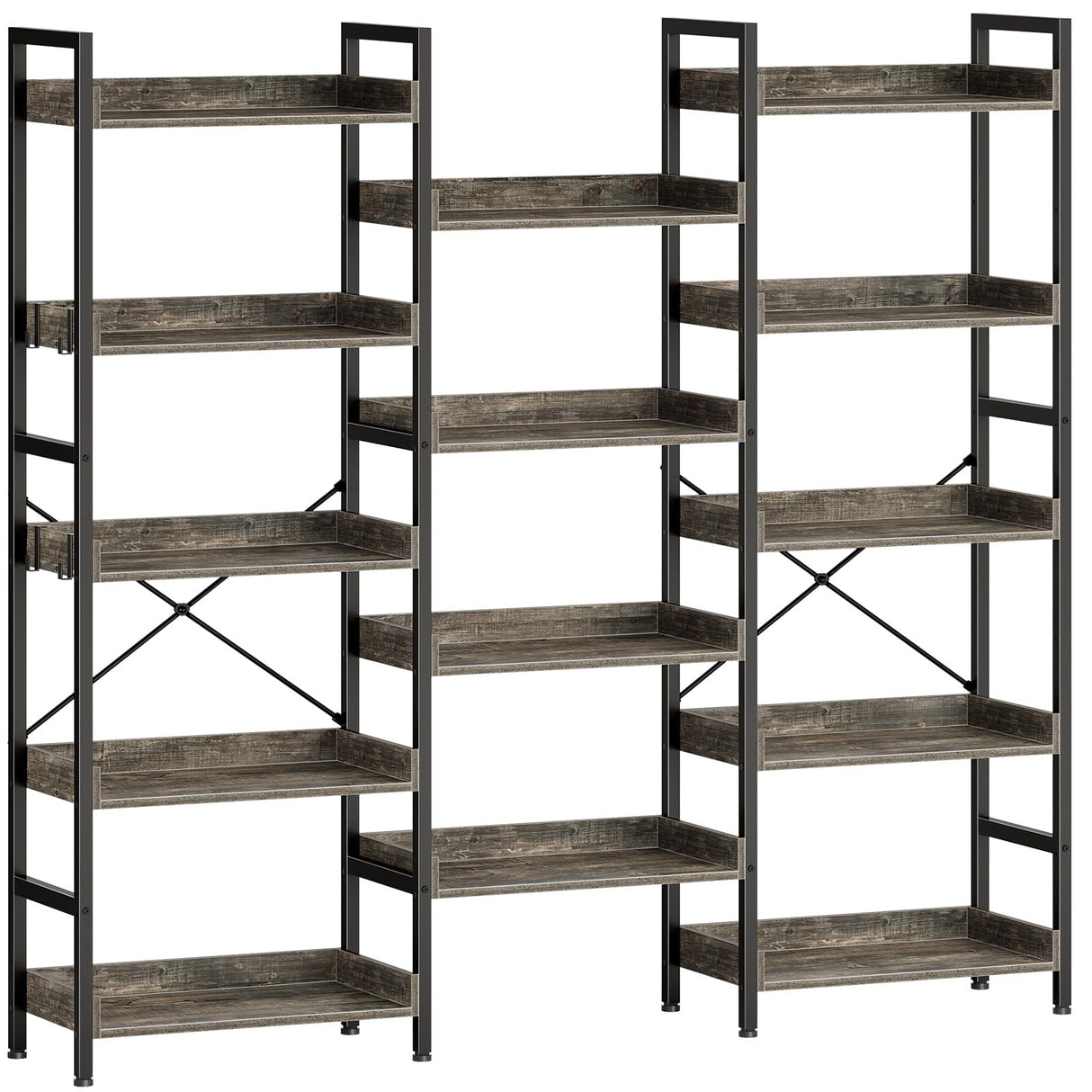 Rolanstar Bookshelf 5 Tiers, Triple Bookcase with Open Display Shelves, Industrial Wide Bookshelf with Metal Frame for Living Room, Office, Grey Rolanstar