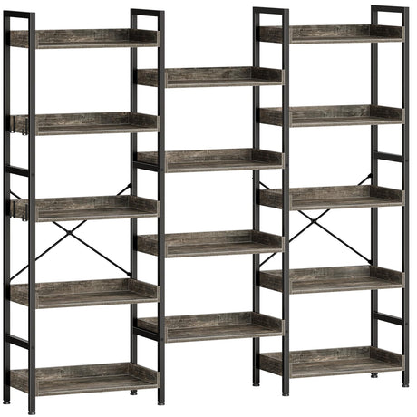 Rolanstar Bookshelf 5 Tiers, Triple Bookcase with Open Display Shelves, Industrial Wide Bookshelf with Metal Frame for Living Room, Office, Grey Rolanstar