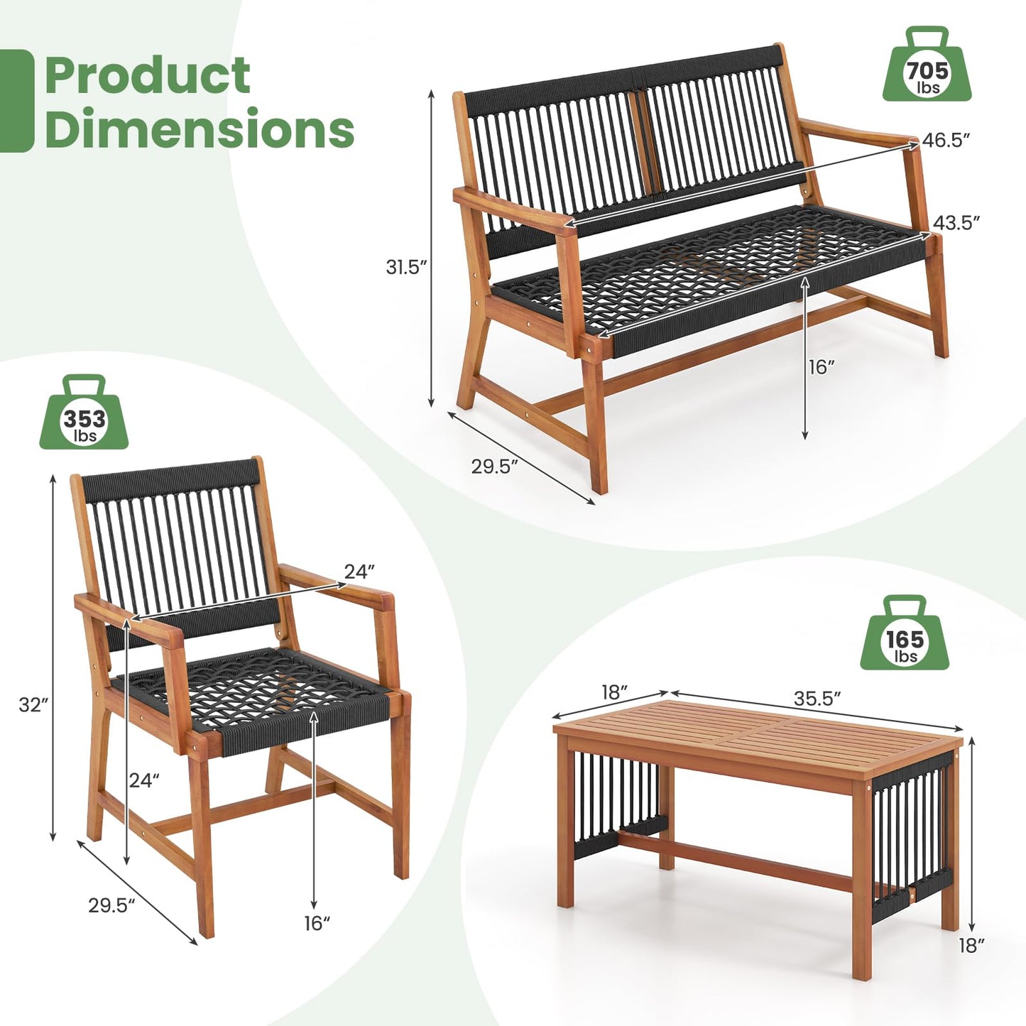 HAPPYGRILL 4 Pieces Patio Furniture Set Acacia Wood Conversation Set with Hand-Woven Rope Design, Ergonomic Loveseat & Single Chairs, Wooden Chair & Table Set for Porch Yard Poolside - WoodArtSupply