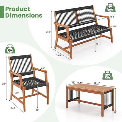 HAPPYGRILL 4 Pieces Patio Furniture Set Acacia Wood Conversation Set with Hand-Woven Rope Design, Ergonomic Loveseat & Single Chairs, Wooden Chair & Table Set for Porch Yard Poolside - WoodArtSupply