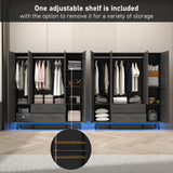 jiteentarou 4 Door Armoire Wardrobe Closet Cabinet with Drawers and LED Lights, Multi-Tier Shelves, Hanging Rod & Louver Doors, Large Capacity Storage Wardrobe Armoire for Bedroom(4 Doors Black) jiteentarou