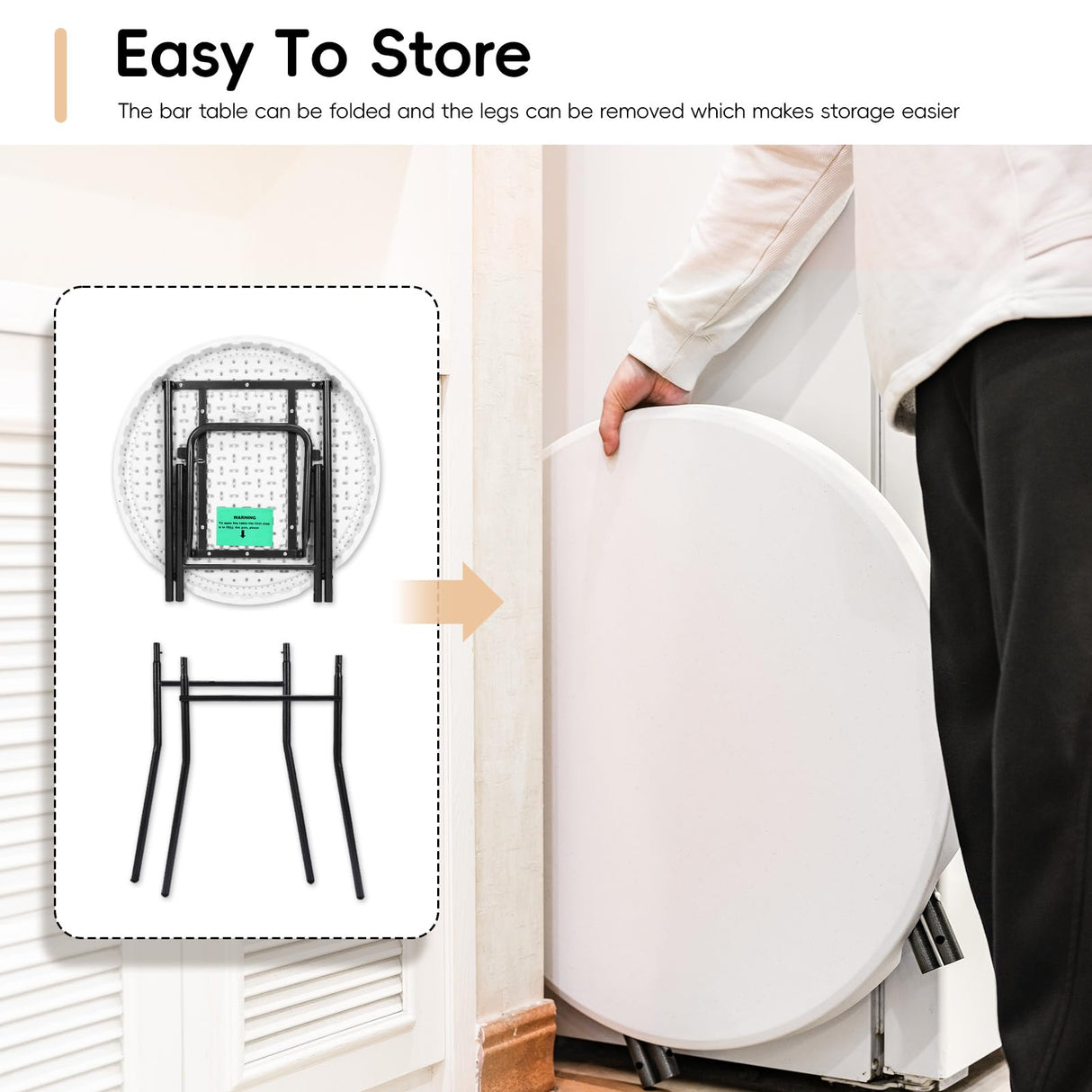 Cocktail Table 28in Portable Folding Bar Height Table, Compact Round High Top Plastic & Steel Bistro with Removable Legs, for Indoor Outdoor RV Patio Catering Parties Commercial Events pollilar