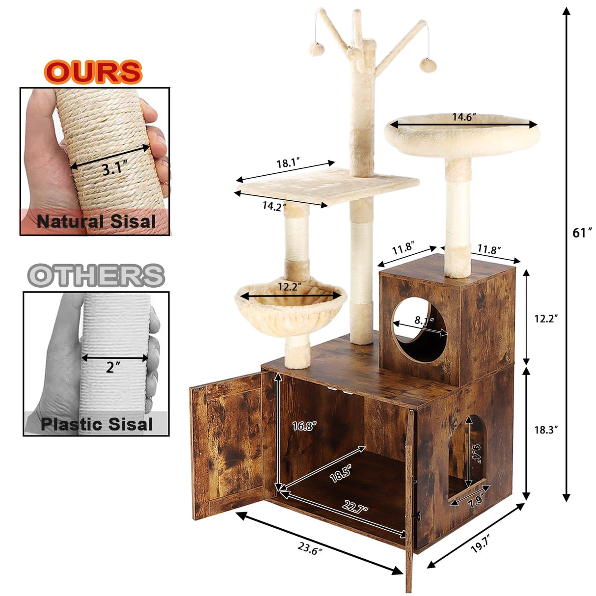 Timberer Cat Tree Tower with Litter Box Enclosure, 2-in-1 Wooden Cat Condo with Sisal Scratching Post, Hammock, Brown Timberer