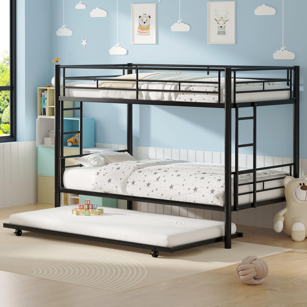 VECELO Bunk Bed Twin Over Twin with Trundle, Metal Bunkbeds with Ladder and Full-Length Guardrail, No Box Spring Needed, Space Saving, Noise Free, Black VECELO