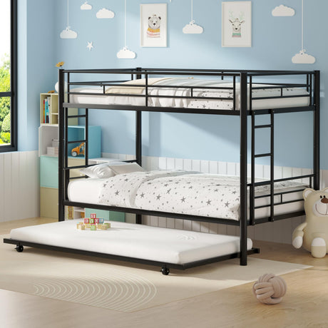 VECELO Bunk Bed Twin Over Twin with Trundle, Metal Bunkbeds with Ladder and Full-Length Guardrail, No Box Spring Needed, Space Saving, Noise Free, Black VECELO