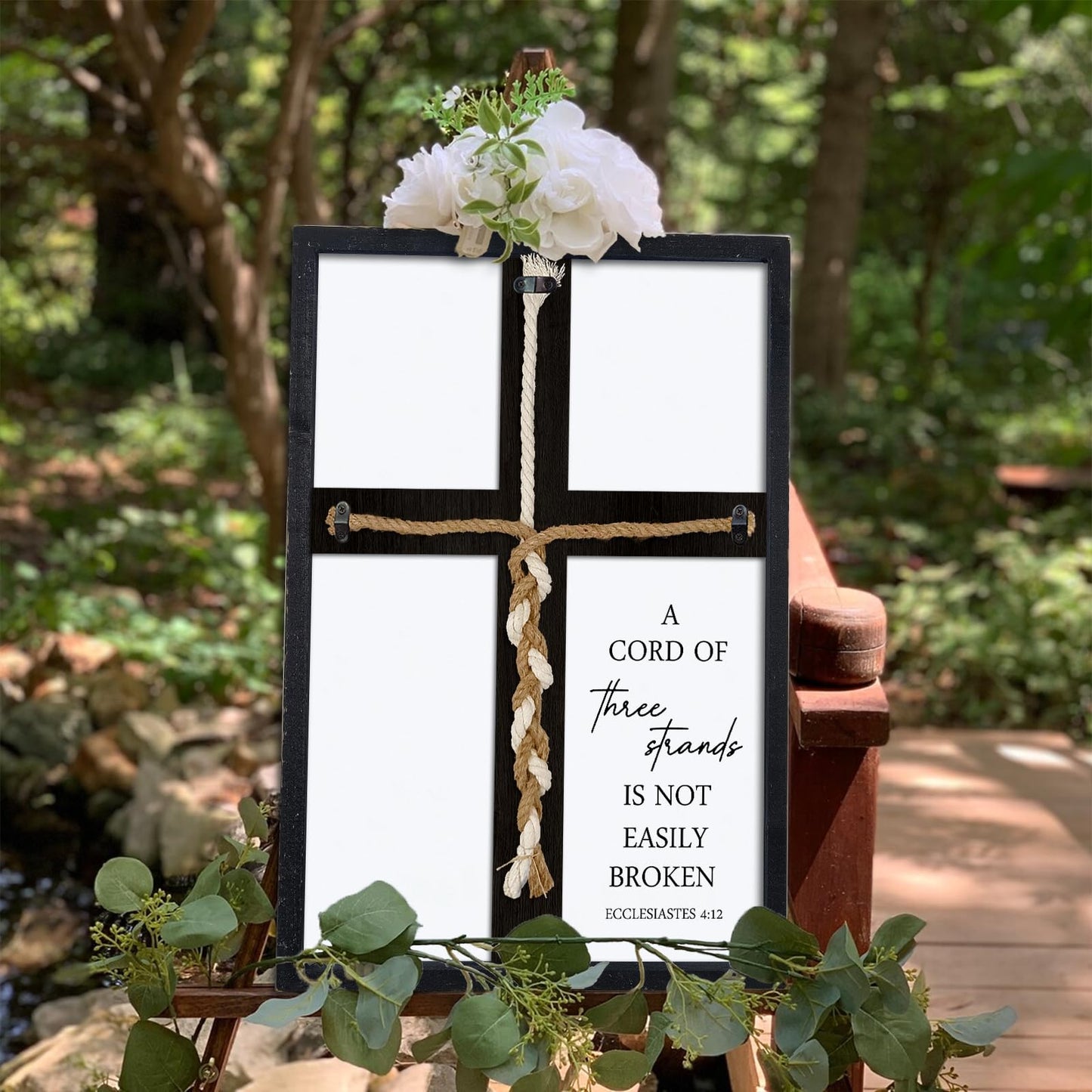 A Cord of Three Strands Wedding Sign 15"X10" Unity Cross Braid for Wedding Ceremony Ideas Wood Frame for Couple Anniversary Religious Christian Marriage Gifts Decor Ecclesiastes 4:9-12 (Black - WoodArtSupply