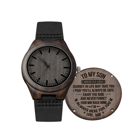 Engraved Custom Men Wood Watch,Analog Quartz Black Leather Handmade Sandalwood Natural Custom Wood Watch for Son Husband Anniversary Christmas Gifts (for Son from Dad) Kenon