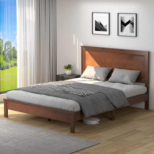 KOMFOTT Mid Century Queen Bed Frame with Headboard – Solid Wood Slats & Easy Assembly - WoodArtSupply