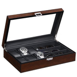BEWISHOME Watch Box Sunglass Organizer with Real Glass Top, 6 Watch Case and 3 Slots Sunglasses Box for Men, Smooth Faux Leather Interior, Brown SSH15Y BEWISHOME