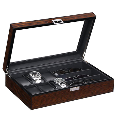 BEWISHOME Watch Box Sunglass Organizer with Real Glass Top, 6 Watch Case and 3 Slots Sunglasses Box for Men, Smooth Faux Leather Interior, Brown SSH15Y