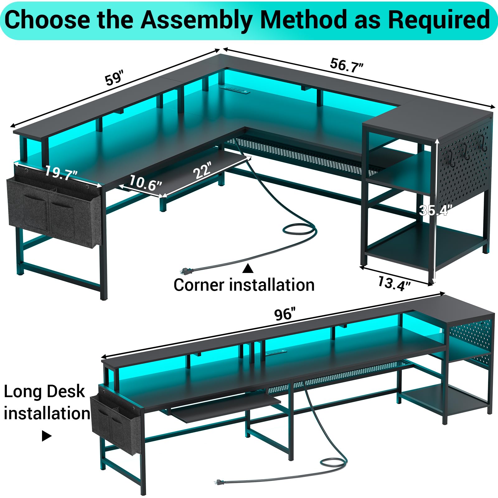 SEDETA L-Shaped Gaming Desk with Power Outlets, LED Lighting, and Ample Storage for Home Office - WoodArtSupply