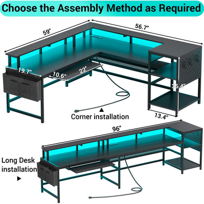 SEDETA L-Shaped Gaming Desk with Power Outlets, LED Lighting, and Ample Storage for Home Office - WoodArtSupply