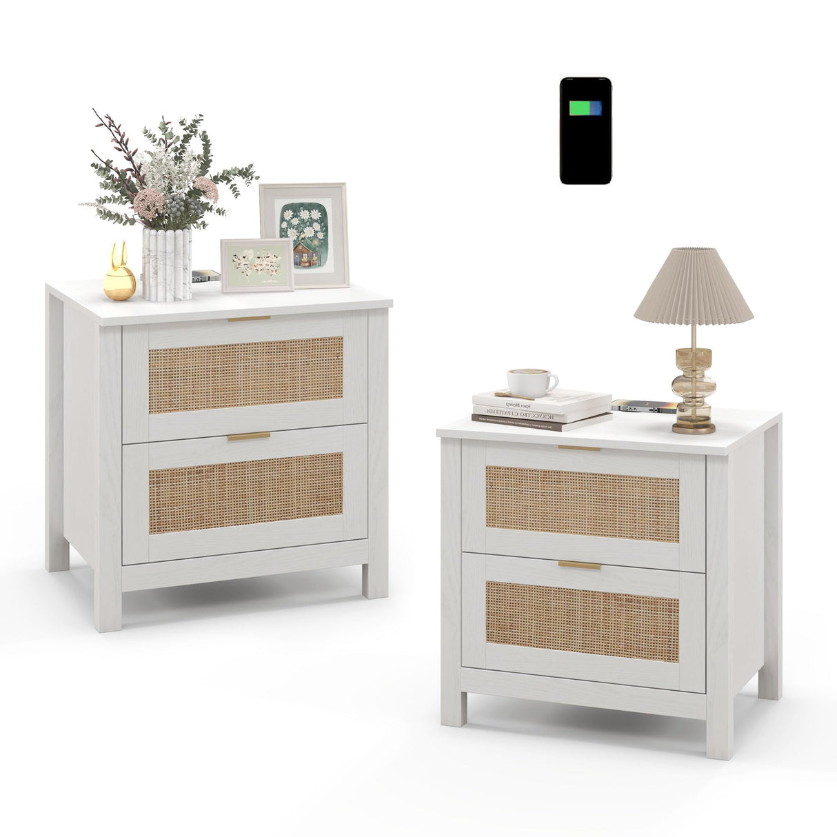 AILEEKISS Night Stand Set of 2 Rattan Nightstands with Wireless Charging Station, Wood Accent Bed Side End Tables with 2 Rattan Drawers, Modern Bedside Stand for Bedroom, Living Room (White) AILEEKISS