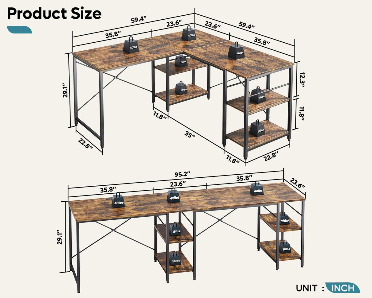 Bestier L Shaped Desk, 95.2 Inch Reversible Corner Computer Desk with Shelves, 2 Person Long Table for Home Office, Large Writing Storage Workstation with 3 Cable Holes, Rustic Brown Bestier