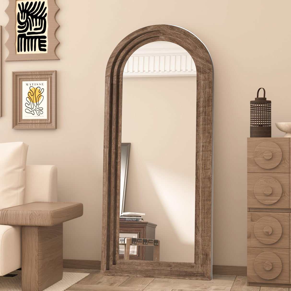 CASSILANDO Full Length Mirror Arched 65"x24" Wood Wall Full Length Distressed Large Floor Mirror for Living Room, Bedroom, Entrance.（Coffee） CASSILANDO