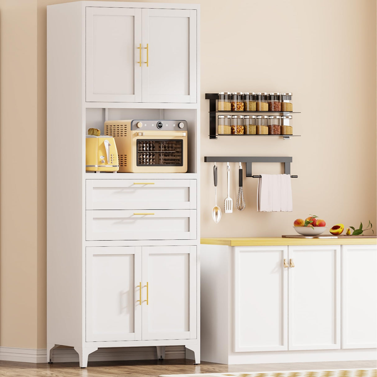 CXUZCZ Kitchen Storage Cabinet,Tall Metal Pantry Storage Cabinet with Door Drawers and Adjustable Shelves,Freestanding Cupboard for Kitchen Dining Room Bedroom Home Office and Bathroom (White 75 ") CXUZCZ