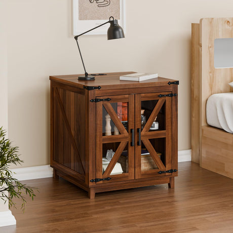 VITESSE Farmhouse End Table, 24" Large Wood Square Nightstand with Doors, Sofa Side Table with Charging Station Modern Nightstand Storage Cabinet for Living Room, Bedroom, Entryway (Brown) VITESSE