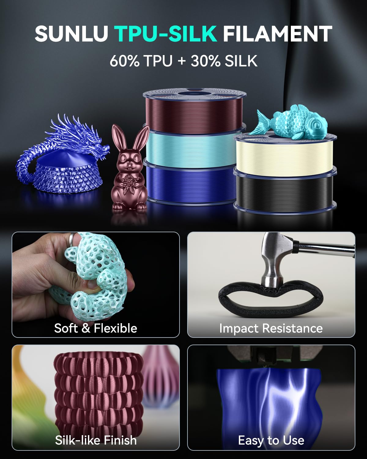 SUNLU TPU-Silk 3D Printer Filament, 98A TPU Filament 1.75mm, Glossy Silk Surface TPU Filament, Flexible TPU 3D Printing Filament, Dimensional Accuracy +/- 0.03mm, 1kg(2.2lbs) Spool, Burgundy Red SUNLU