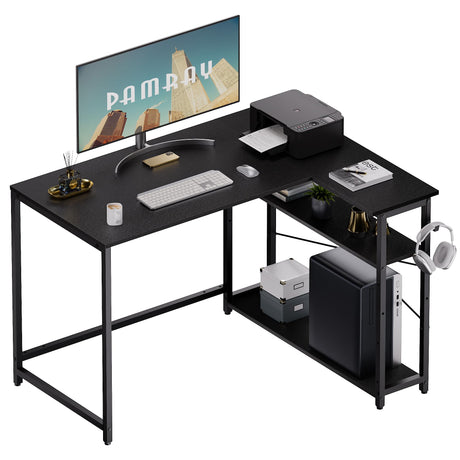 Pamray 43 Inch L Shaped Computer Desk with Reversible Side Storage Shelves, Small Corner Desk for Small Space Home Office,Writing Study Table Gaming PC Desk for Bedroom,Black Pamray
