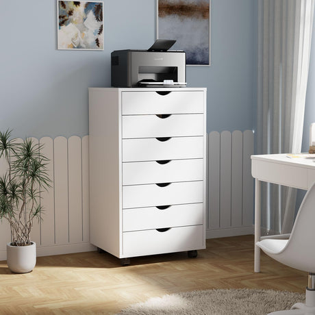 DUMOS 7 Drawer Vertical File Cabinet Mobile Filing Storage Dresser with Wheels Rolling Under Desk Printer Stand Wood Organizer for Office Home Bedroom, White DUMOS