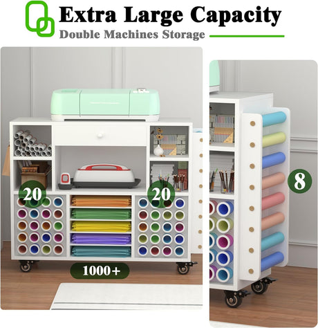 Craft organization and storage Cart Compatible with Cricut Machine, Rolling Craft Organizer With large drawer & 48 Vinyl Roll Holder, Crafting Cabinet Table Workstation for Craft Room Home CXQ