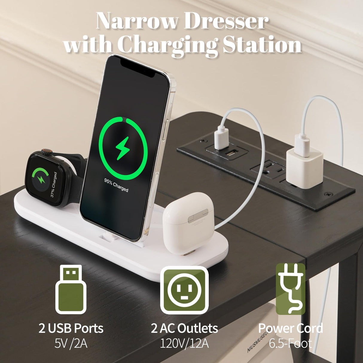 Yoobure Narrow Dresser for Bedroom, LED Skinny Nightstand with Charging Station, Small Dresser Night Stand, Slim Tall Bedside Table Storage Cabinet, Narrow Side Table for Small Spaces Yoobure