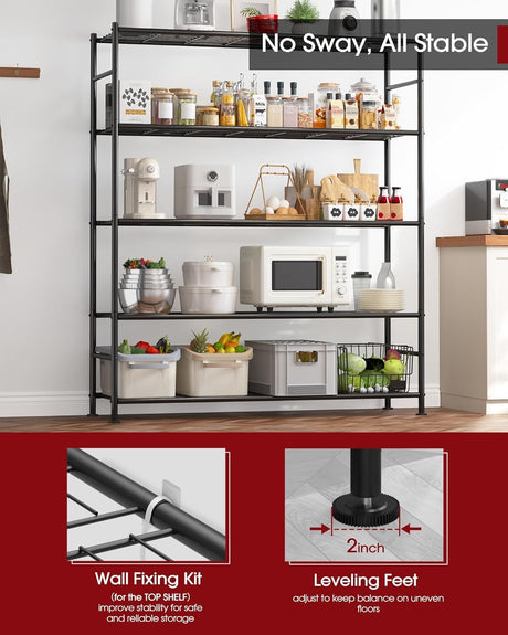 Sakugi Storage Shelves - 5 Tier Shelf Organizer, Heavy Duty Garage Shelving Unit with Leveling Feet, Stable Metal Shelves Organizer for Pantry, Kitchen and Closet, 47.3" W x 12.6" D x 60.8" H, Black Sakugi