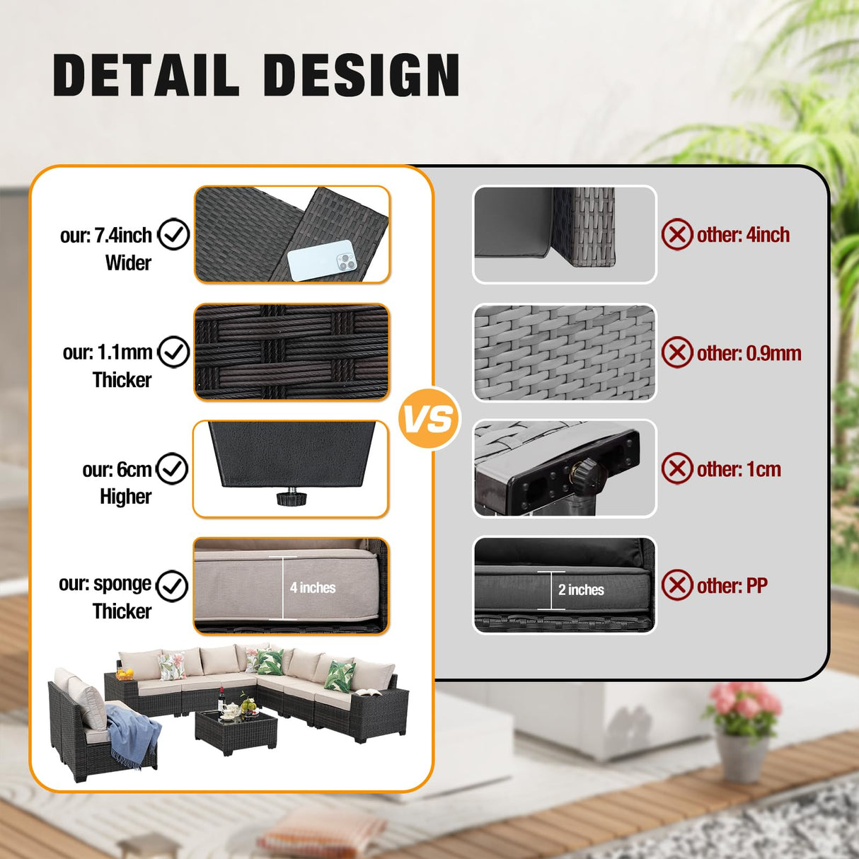 JOYURE 10 Pieces Patio Furniture Set All-Weather Outdoor Wicker Sectional Conversation Sofa Rattan Patio Seating Sofa with Cushion and Glass Table for Porch Poolside,Beige JOYURE