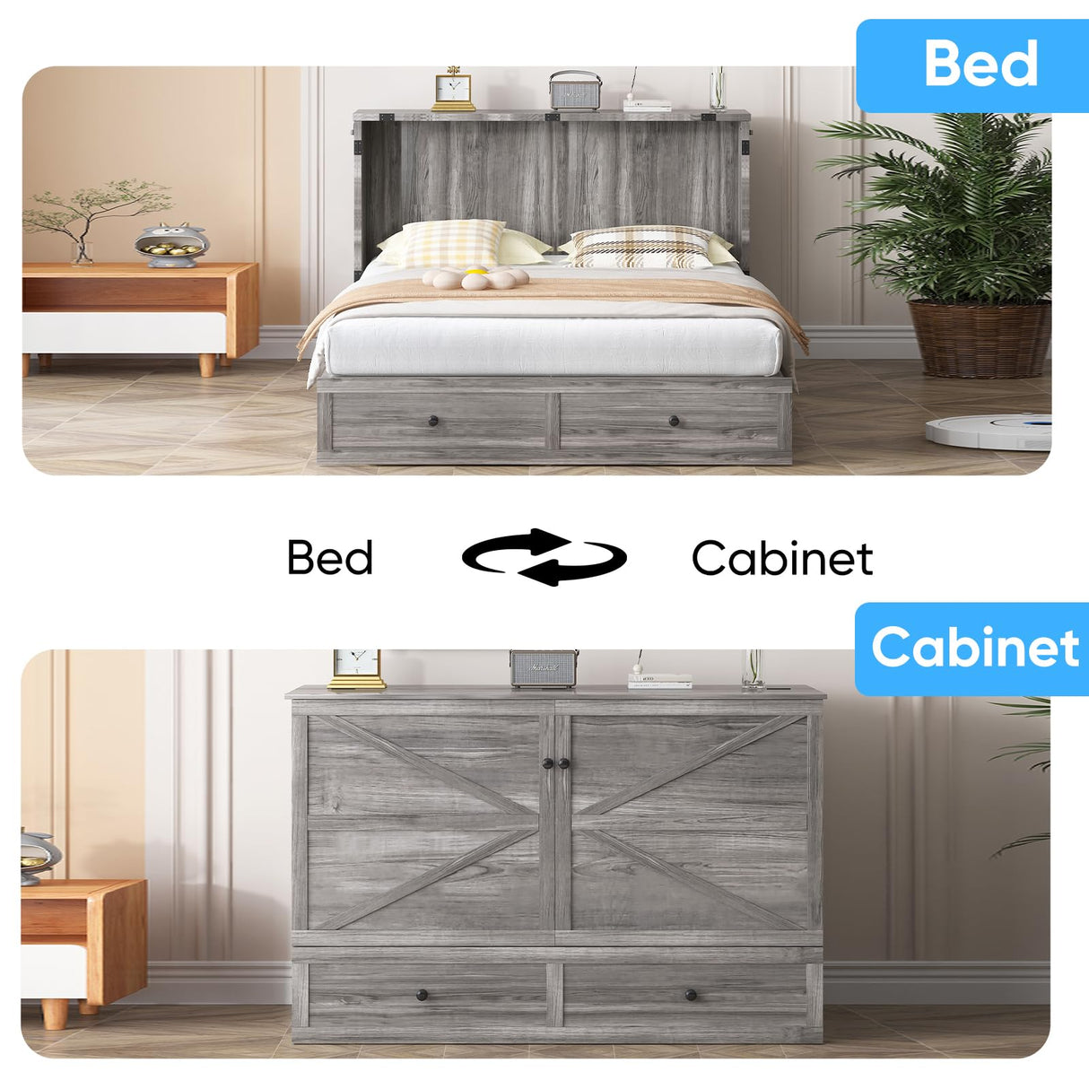 Mjkone Murphy Bed Full Size Cabinet with Tri-Fold Memory Foam Mattress, USB Charging Station, Farmhouse Wood Space-Saving Hidden Folding Chest Cabinet Bed for Guest Room Apartment, Gray Mjkone