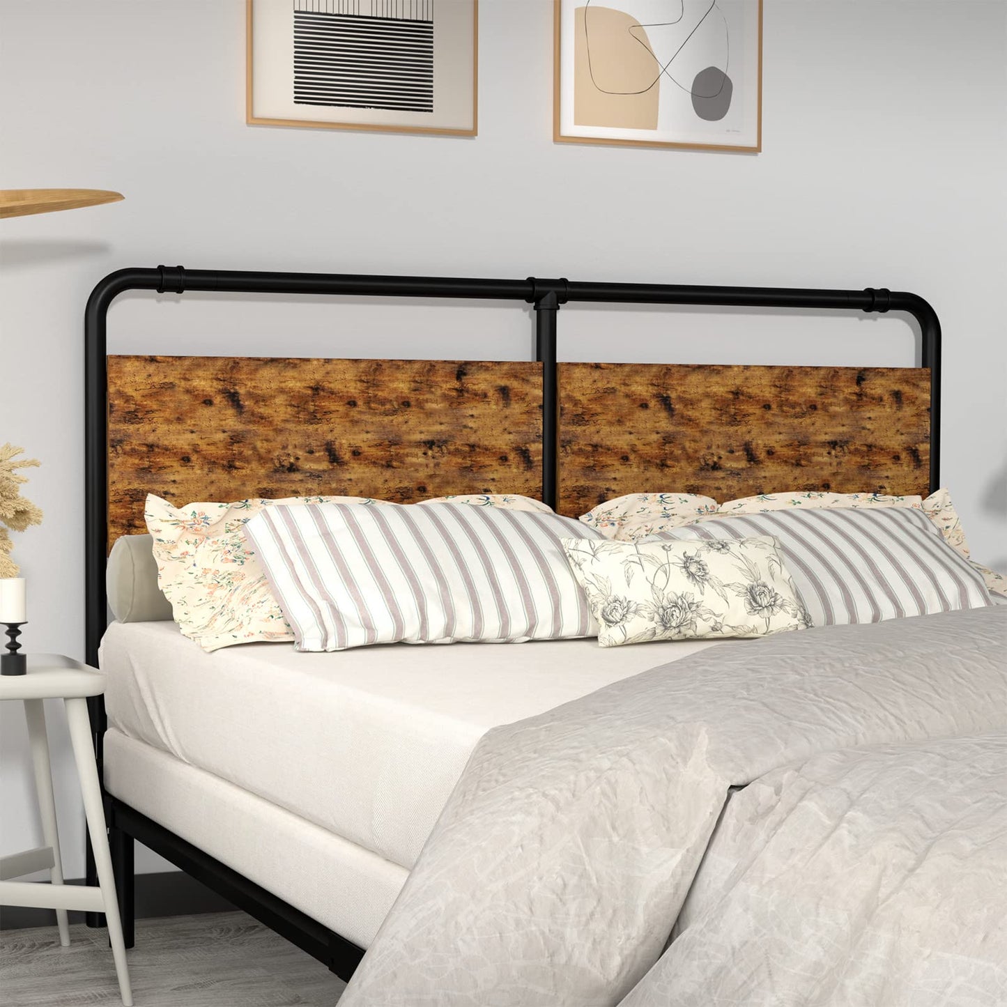 Rustic Vintage Brown Metal and Wooden Headboard for Full/Full XL Beds - UJUJIA Easy Assembly Design - WoodArtSupply