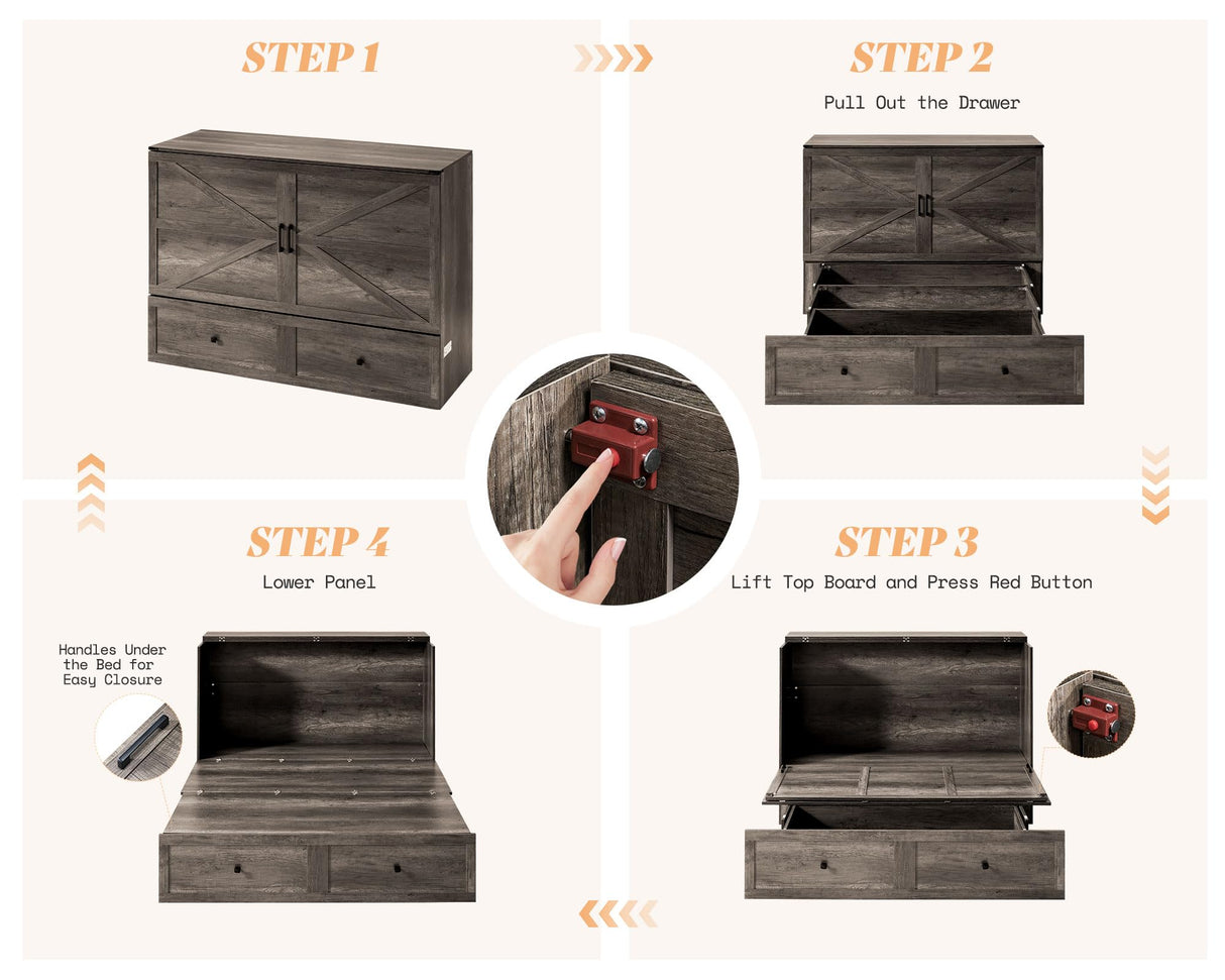 AMERLIFE Full Murphy Bed with Storage & Charging Station, Farmhouse Murphy Cabinet with Foldable Panel, Noisy Free, for Guest Bedroom, Living Room, Office, Rustic Gray AMERLIFE