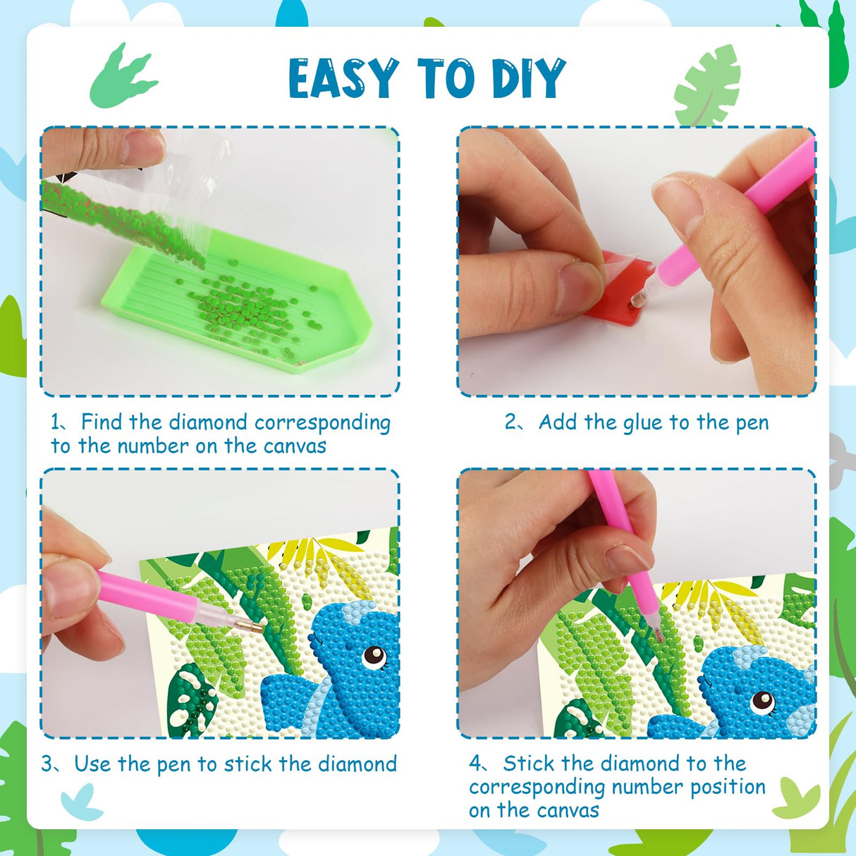 Cheerupp 4 Pcs Dinosaur Diamond Art Kits for Kids, Jungle Safari Animal DIY Creative Diamond Art Sticker Craft by Number for Adults Beginner, Full Round Drill Gem Art for Home Wall Decor Cheerupp