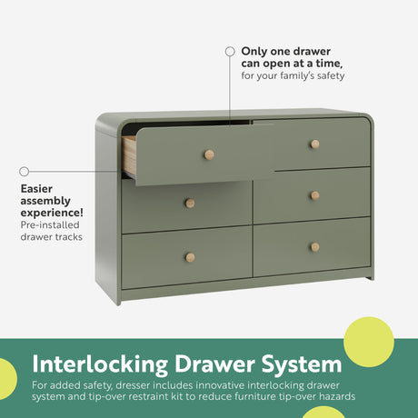 Storkcraft Santos 6 Drawer Bedroom Dresser (Olive & Natural) – GREENGUARD Gold Certified Dresser for Kids Bedroom with Interlocking Drawer System Storkcraft