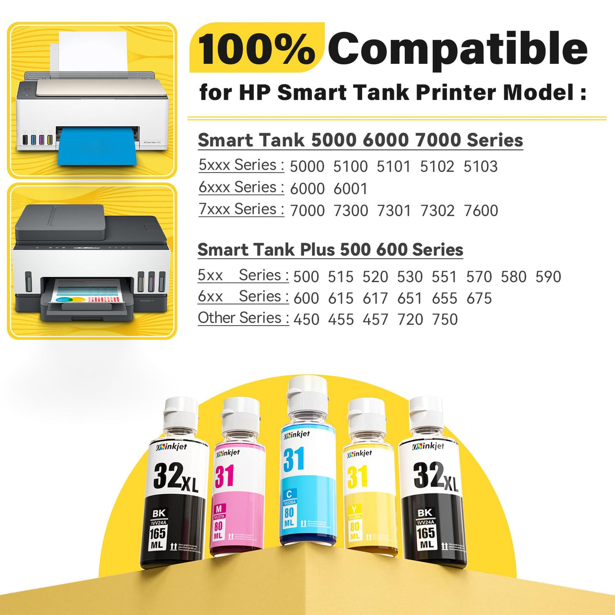 Osinkjet 31 Ink Bottle Set, 32XL Black Ink Bottle Compatible for HP Smart Tank 7602 6001 5101 5000 7300 7301 520 580, 31 32xl Ink Bottles Set for Smart Tank Plus 651 551 Ink Refill Osinkjet