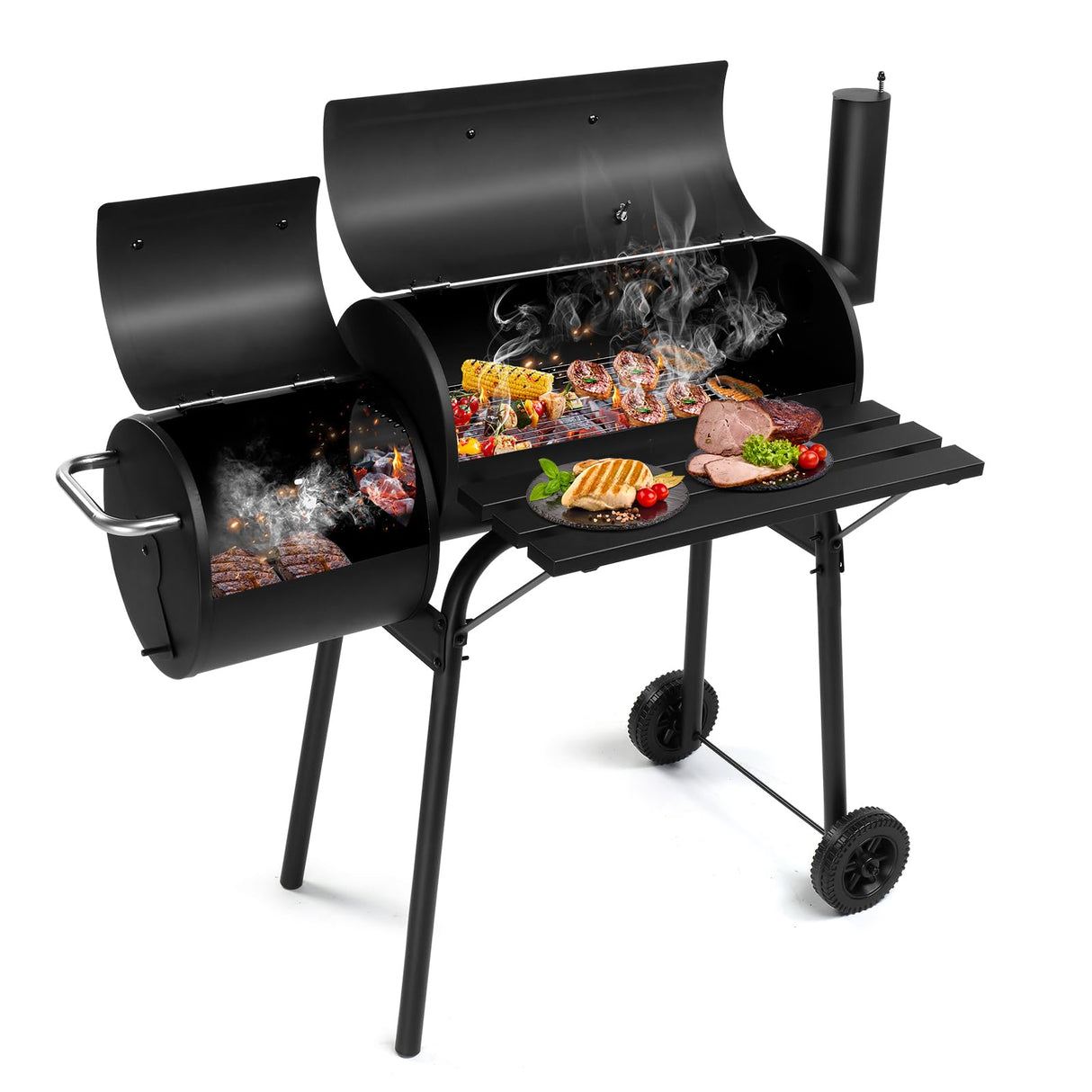 Outdoor Barrel BBQ Grill,Barrel Charcoal Grill with Offset Smoker, All Metal Outdoor Smoker with Side Table and Wheels for Outdoor Garden Patio and Backyard Cooking Shyneer