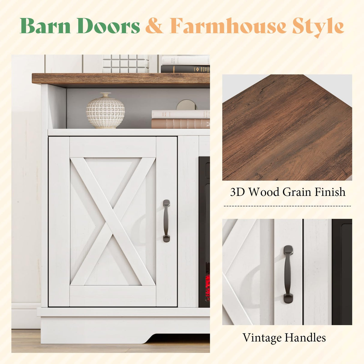 AMERLIFE 63" Farmhouse TV Stand with 26" Fireplace, for TVs up to 73", Media Entertainment Center with Adjustable Shelf & Barn Doors, Rustic TV Console Cabinet for Living Room, Rustic Oak & White AMERLIFE