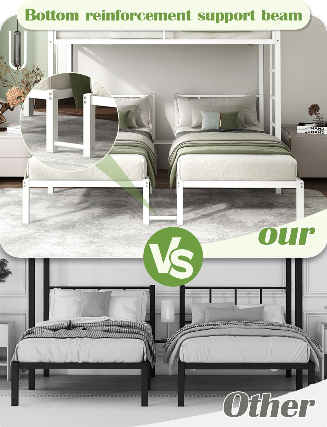 HKOLIE Twin Over Twin & Bunk Beds for 3, Triple Bunk Bed for 3 with Guardrails, Ladder & Upper-Bed Platform, for Children, Teens, Adults, No Box Spring Needed, White HKOLIE