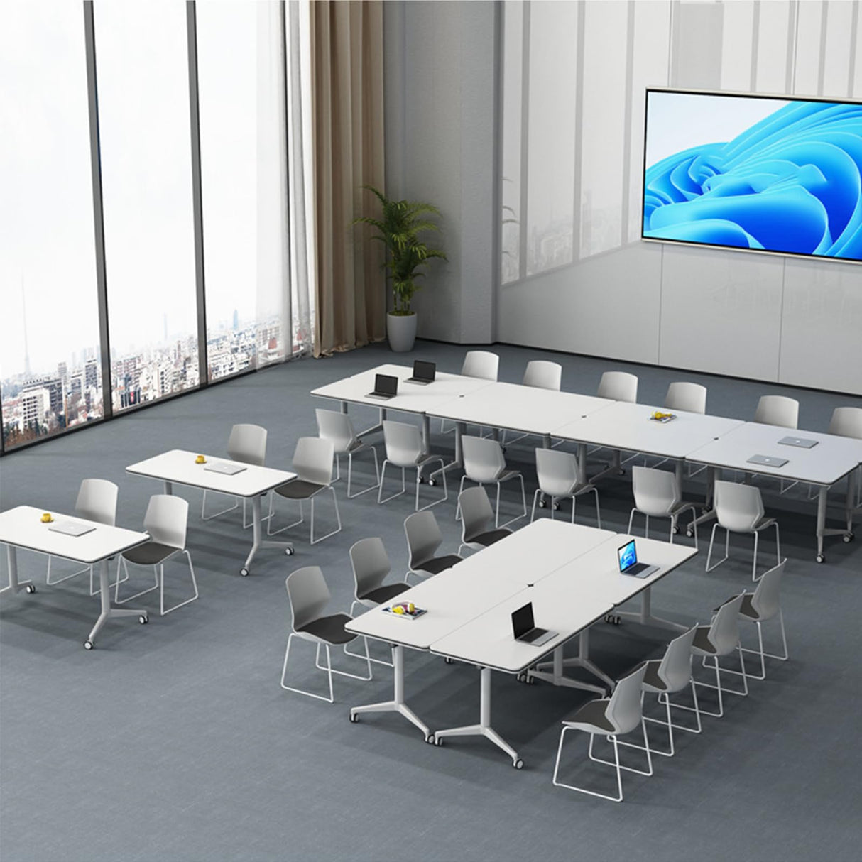 conference table,modern white office folding Flip Top Mobile Training Table 55"D x 21.6"W x 29.5"H The rounded table with wheels is convenient and fast,suitable for office,meeting room,classr ( 4Pcs) Ptosziav