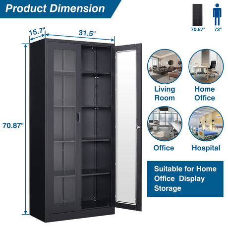 PEUKC Display Cabinet-71 Inches 4 Adjustable Shelves Curio Cabinets with Locking Glass Doors Display Case for Collectibles, Cosmetics, Hydroponics, Books (Black,Assemble Required) PEUKC