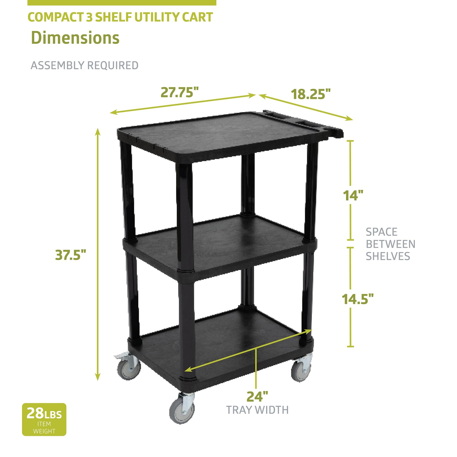 Pearington 3-Tier Compact Multi-Purpose Plastic Utility Cart with Lockable Wheels up to 300LBS, Black - WoodArtSupply