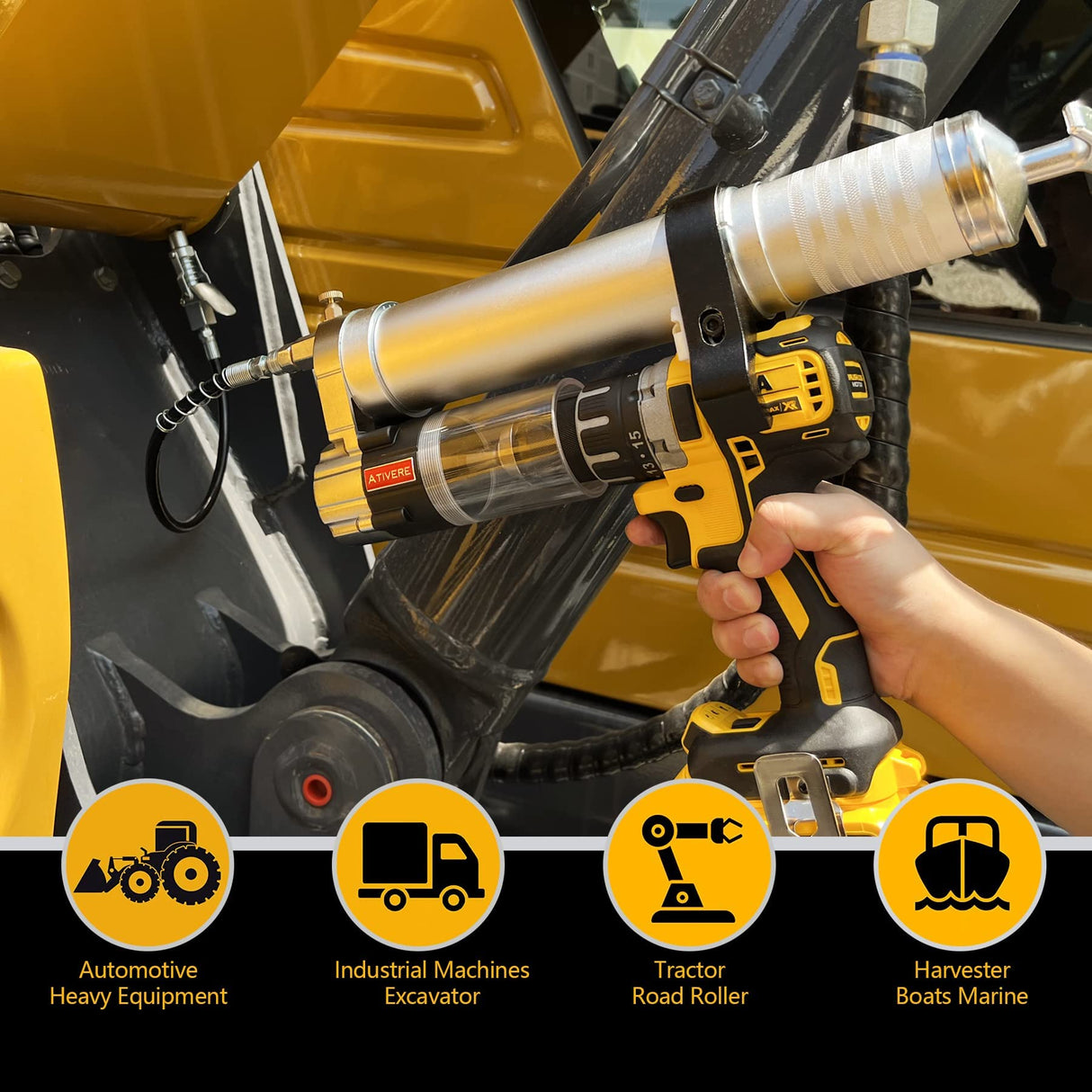 ATIVERE Electric Grease Gun Drill Adapter with 14 OZ Load, Locking Grease Gun Coupler, 12 Inch High Pressure Hose, Extension Rigid Pipe, Pneumatic Tool, Universal Conversion Gun Head ATIVERE