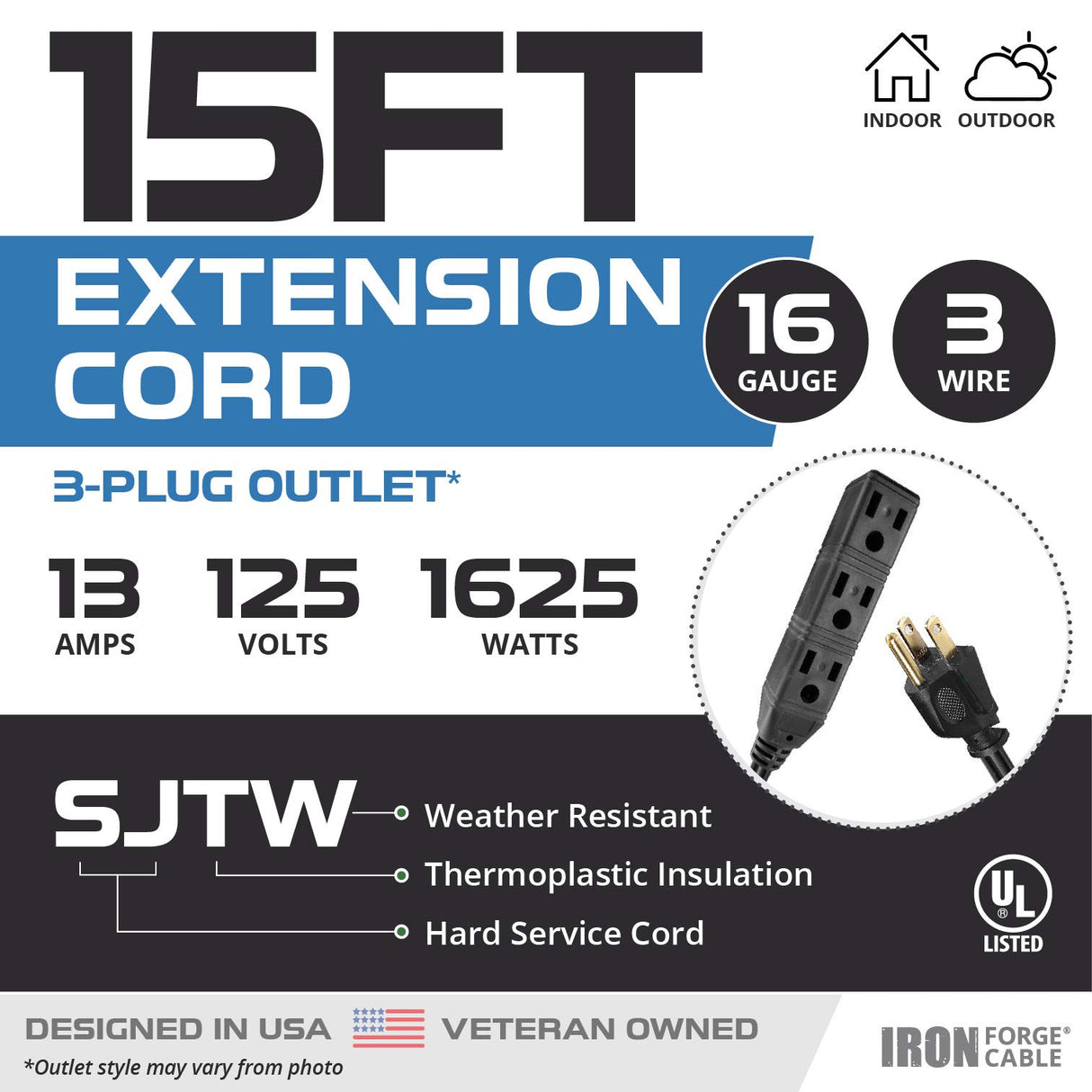 Iron Forge Cable 3 Outlet Power Strip Outdoor Extension Cord 15 ft, 16/3 Weatherproof Heavy Duty Black Extension Cord with Multiple Outlets 3 Prong IRON FORGE CABLE