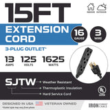 Iron Forge Cable 3 Outlet Power Strip Outdoor Extension Cord 15 ft, 16/3 Weatherproof Heavy Duty Black Extension Cord with Multiple Outlets 3 Prong IRON FORGE CABLE