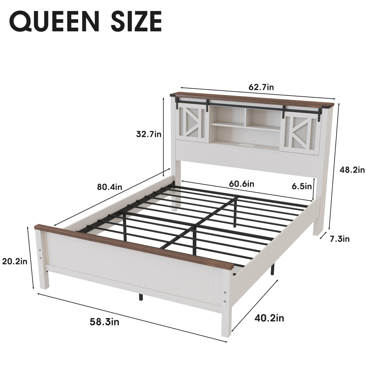 Vabches Farmhouse Queen Bed Frame with Storage, LED Lights & Charging Station Vabches